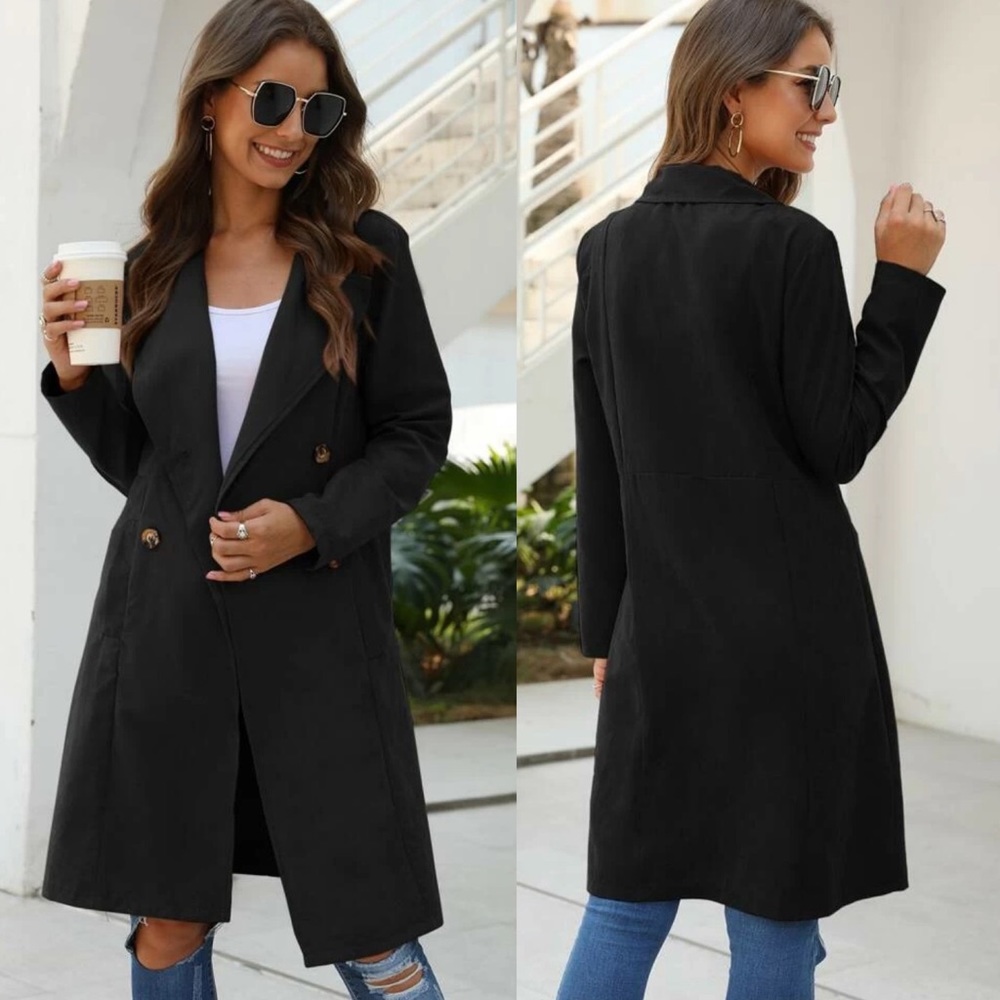 Double breasted trench coat jacket long black - Picture 2 of 5